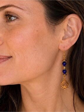 Gold Lotus Earrings w/Heart-Shaped Deep Blue Glass Beads & Antique Accents